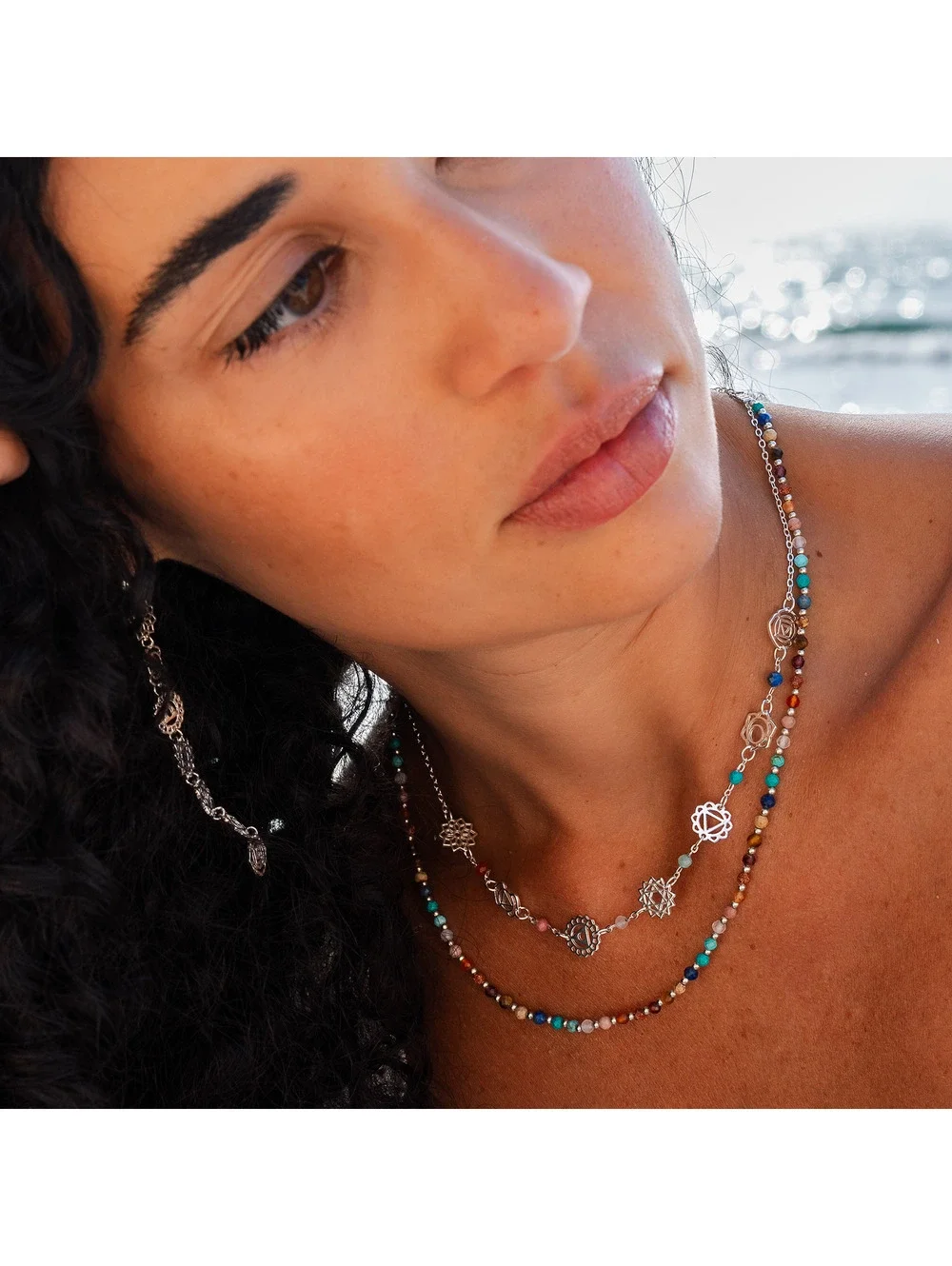 Lotus and luna, Silver Seven Chakras Healing Necklace